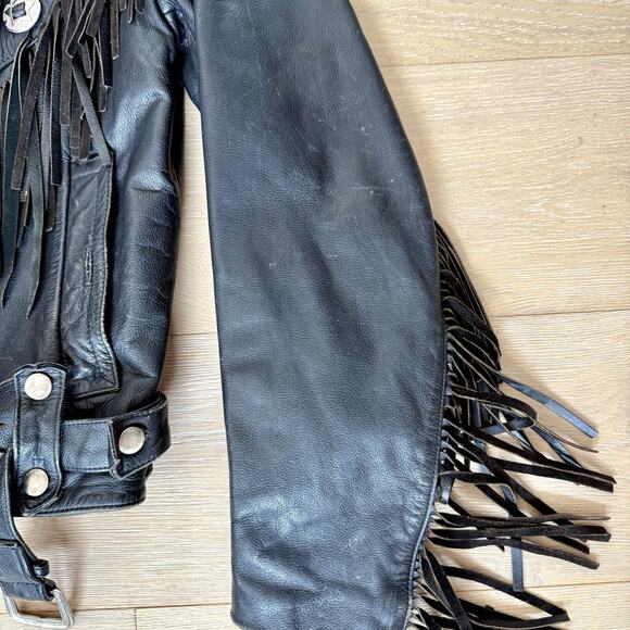 Vintage Lady Rider Genuine Leather Black Thermal Liner Fringe Women Biker Jacket - Picture 9 of 10